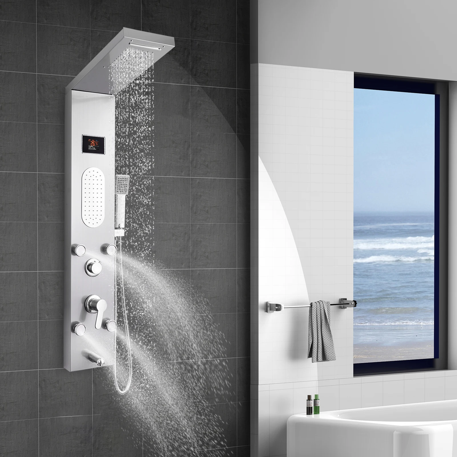 Energy-Efficient LED Shower Tower with Rainfall Head, Body Jets and Handheld Sprayer for Apartment and Vacation Rental