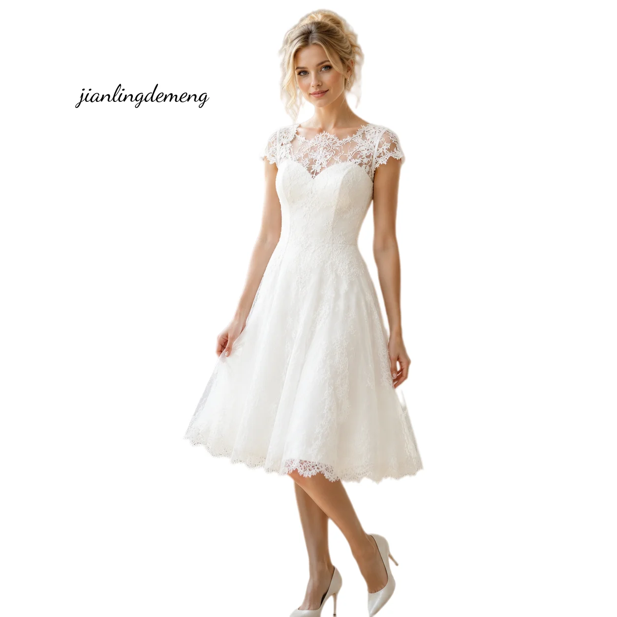 Vintage Lace Wedding Dress Illusion Bateau Cap Sleeve A-Line Bridal Gown Scalloped Knee Length Civil Bride  Customized