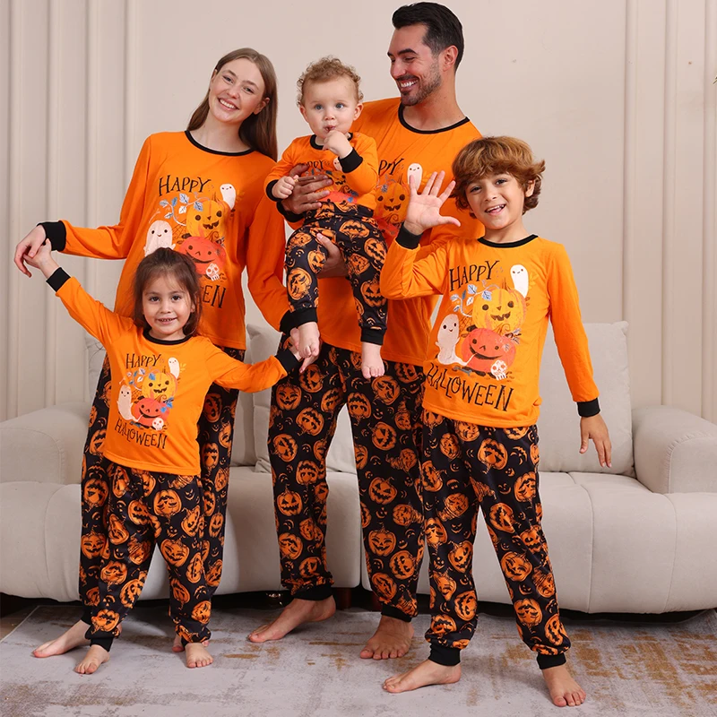 Family Matching Halloween Pumpkin Set Letter Print Long Sleeve Tops Long Pants 2-Piece Outfits