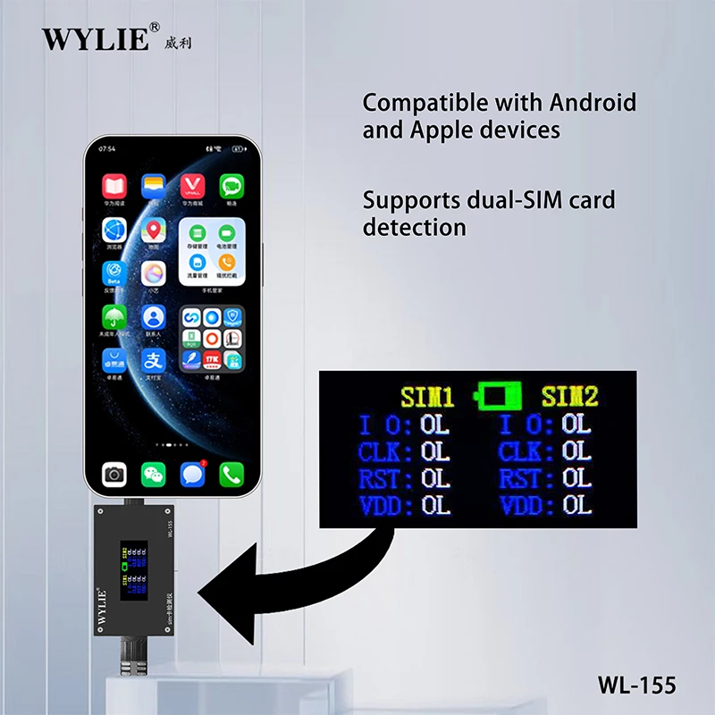 

Тестер SIM-карты WYLIE, точное обнаружение сигналов, порт зарядки Type-C для IP 14-17 и Android, 99% тестирование машин
