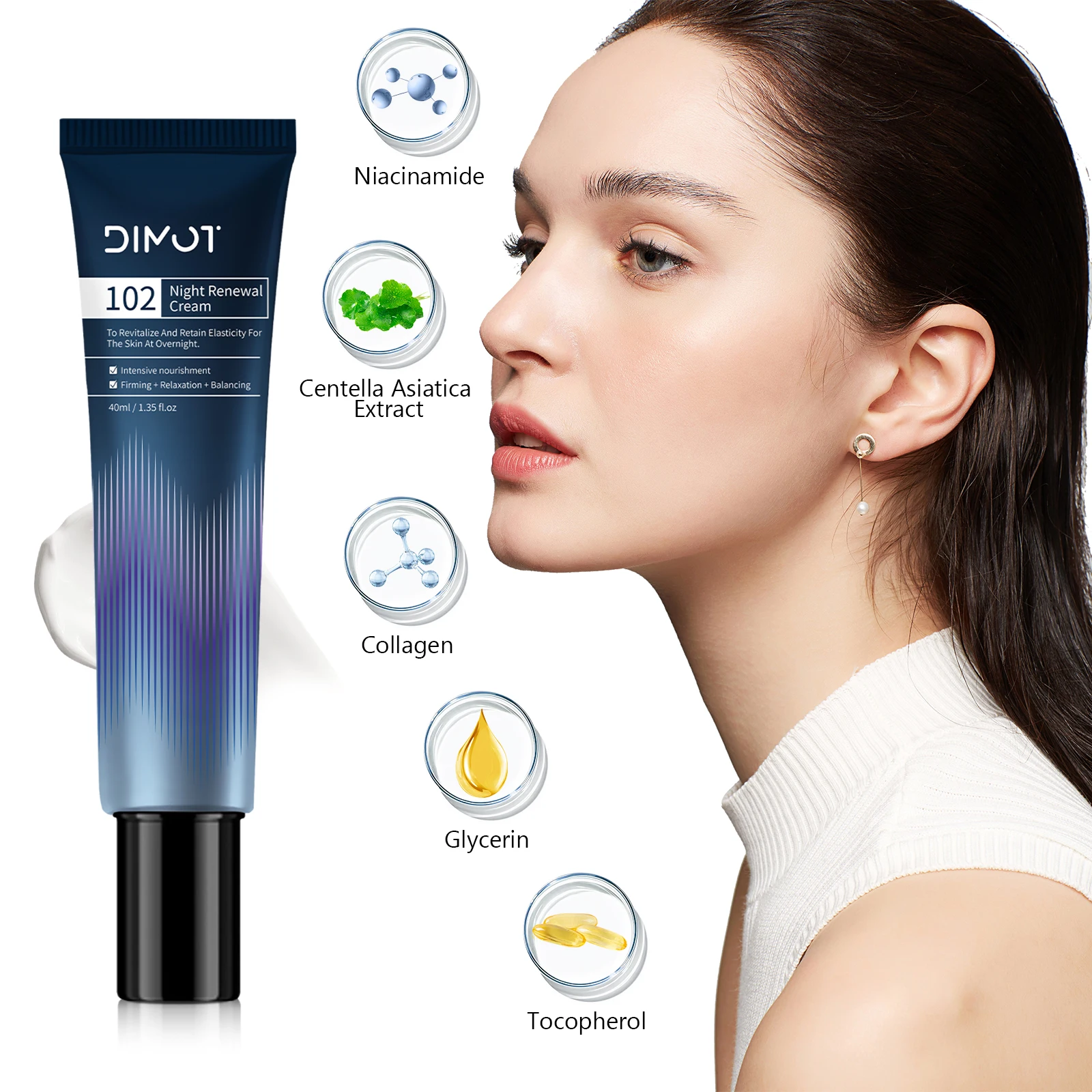 DIMOT crema de renovación nocturna Centella Asiatica crema hidratante Facial ácido hialurónico colágeno cara apretar los productos para el cuidado de la piel