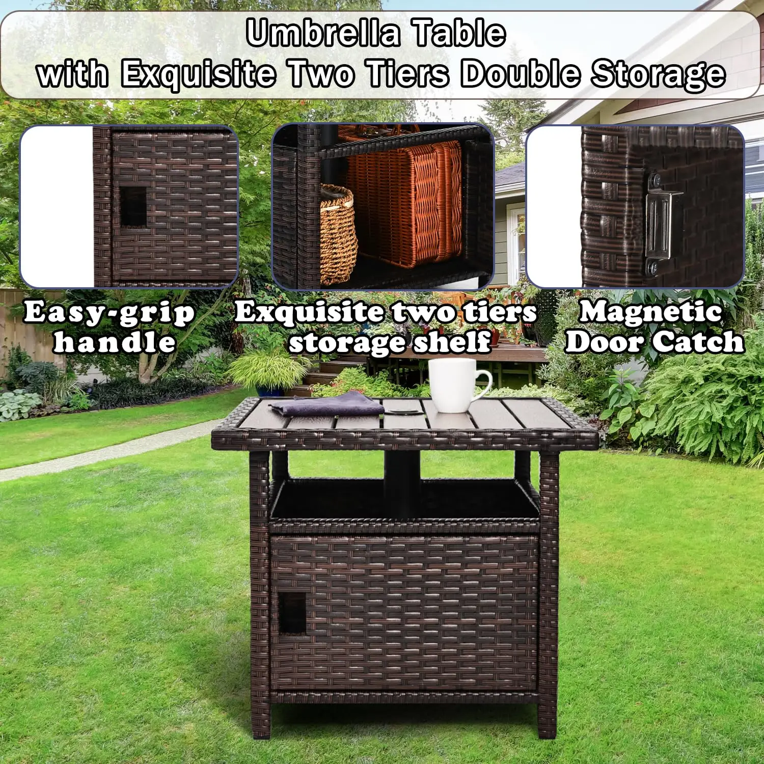 우산 테이블 (무게추 2개 포함) 야외 파티오 우산 사이드 테이블 (우산 구멍 포함) 소형 갈색 위커 엔드 테이블 (야외용)