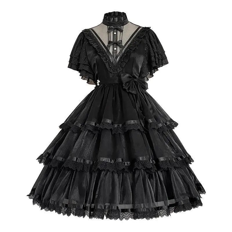 Lolita – robe princesse gâteau à manches courtes, col en v, mignonne, taille haute, polyvalente, à la mode, pour filles, printemps et été