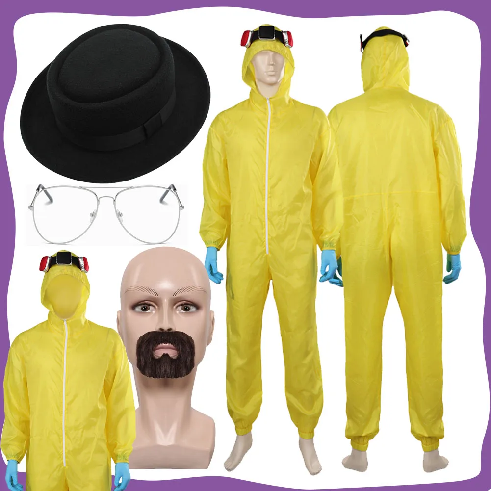 Walter White Cosplay Protective Suit TV Breaking Fantasia Disguise Bad Disfraz Men Costume Halloween Party Fake Mustaches Props