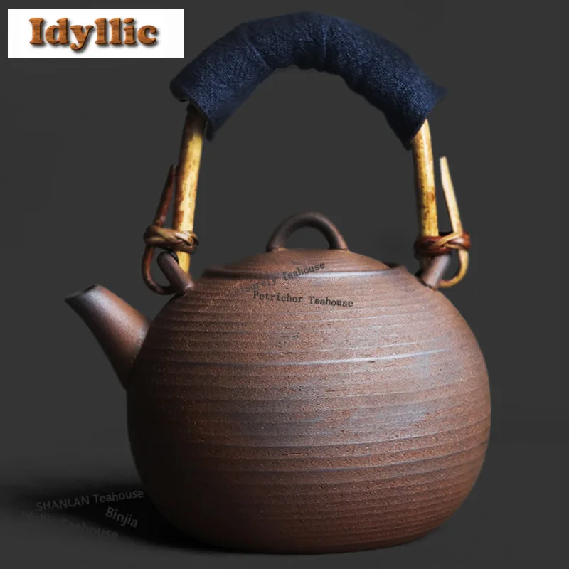 580ml Pottery Mud Rattan Loop-handled Pot Zen Tea Infuser Pot Tea Brewing Kettle With Anti-scald Cloth Teaware Supplies Gifts