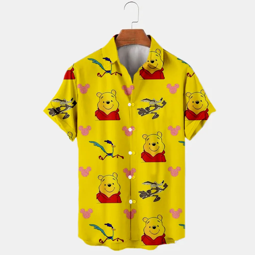 Summer New Disney Brand Mickey And Winnie The Pooh Cartoon Casual 3D Printed Short Sleeve Lapel Shirt Slim Fit Men\'s Top