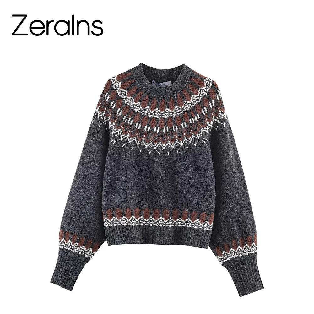 ZERAINS 2025 Winter New Product Women's Versatile Commuter Round Neck Long Sleeve Jacquard Knitted Shirt
