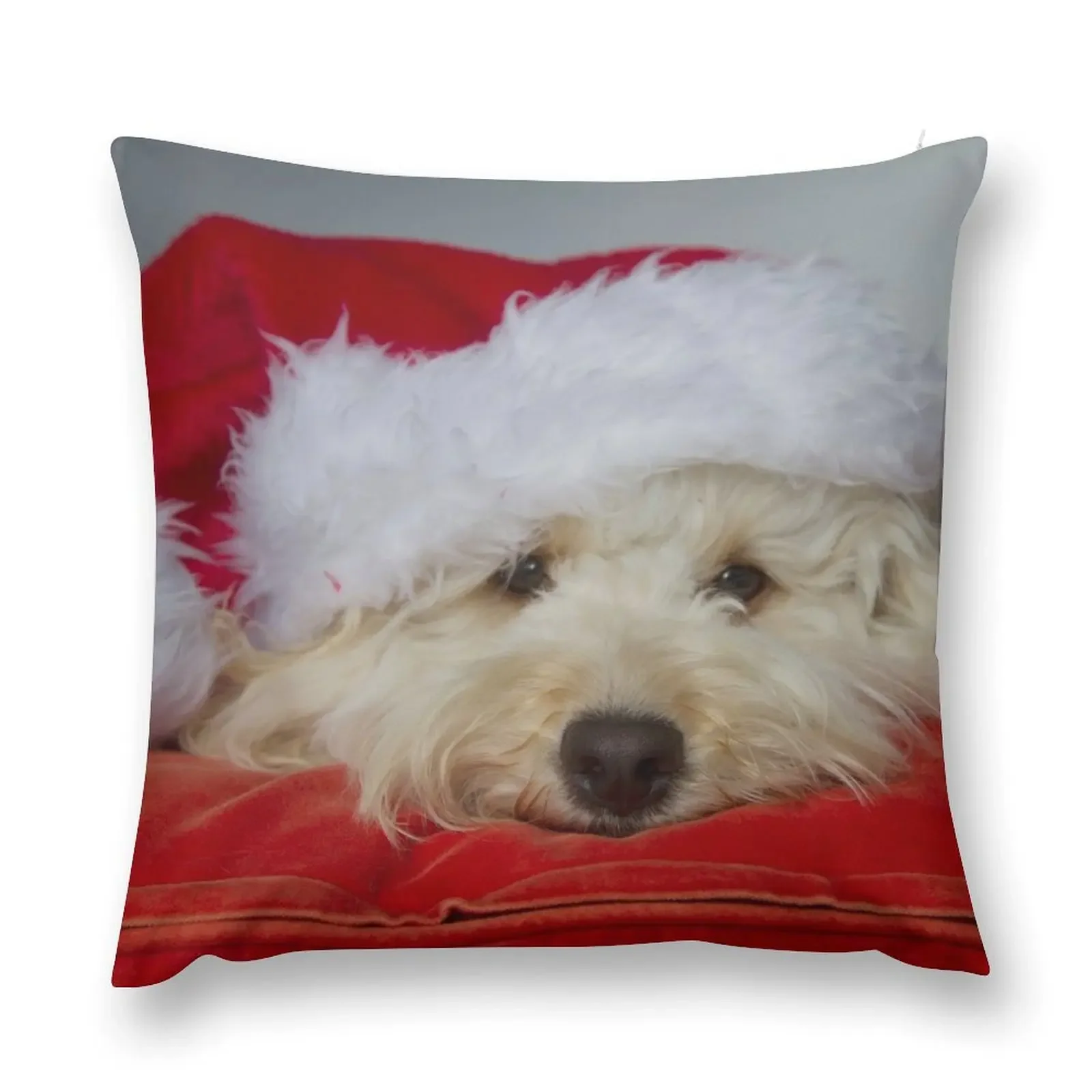 

A cute white dog in a Santa hat Throw Pillow Sofa Cushions Room decorating items pillow