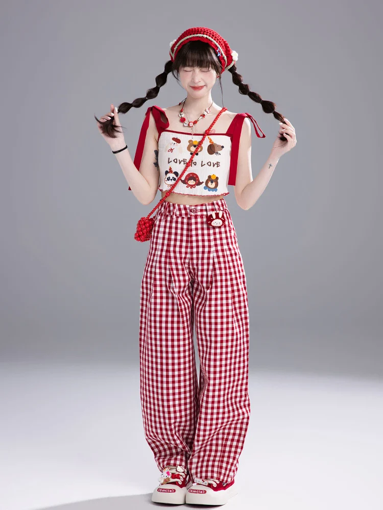 

Sweet Fi Low Salt Red Plaid Pants Women's Summer 2025 New Sle High Waist Straight Leg Casual Trousers College Sle