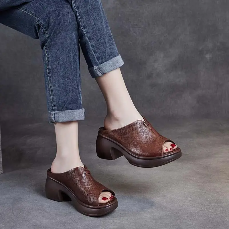 

Genuine Leather Fish Mouth Women's Slippers Thick Bottom Outdoor Wear Soft Bottom Vintage Style Casual Slip-On Shoes