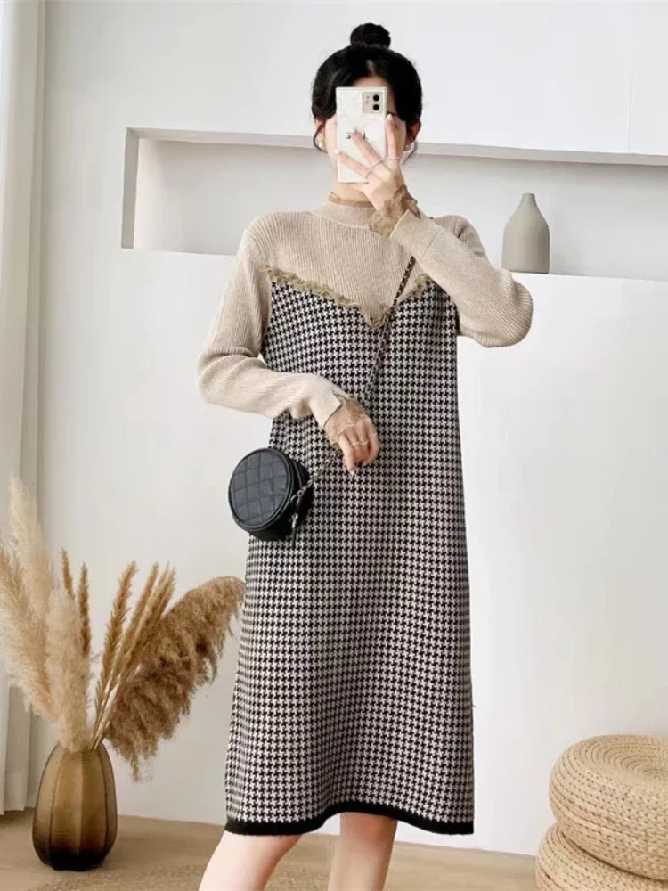 

Dress for Women Half High Collar Sweater Autumn Winter New Medium Long Bottoming Sweater Black Knitted Pullover Dresses E474