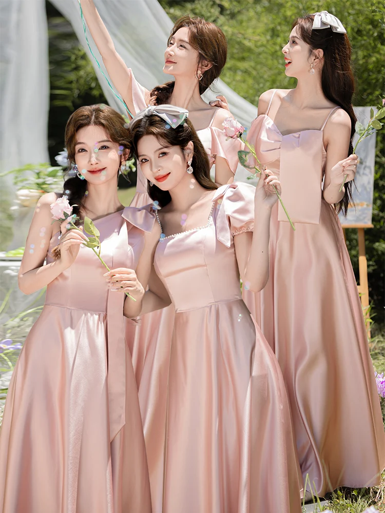 

Розовое атласное свадебное платье-миди для женщин, повседневное, элегантное, в корейском стиле, с А-образной юбкой, для различных случаев