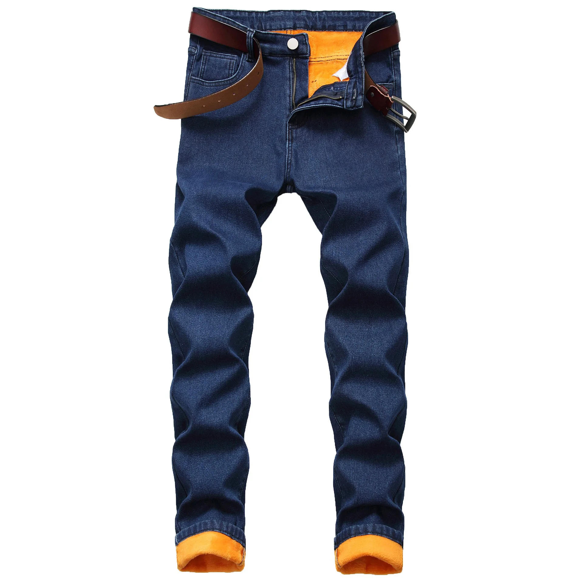 2024 Winter Casual Men Warm Straight Jeans Thicken Slim Fit Pockets Denim Pencil Pants Mid Waist Stretch Ankle Length Trousers