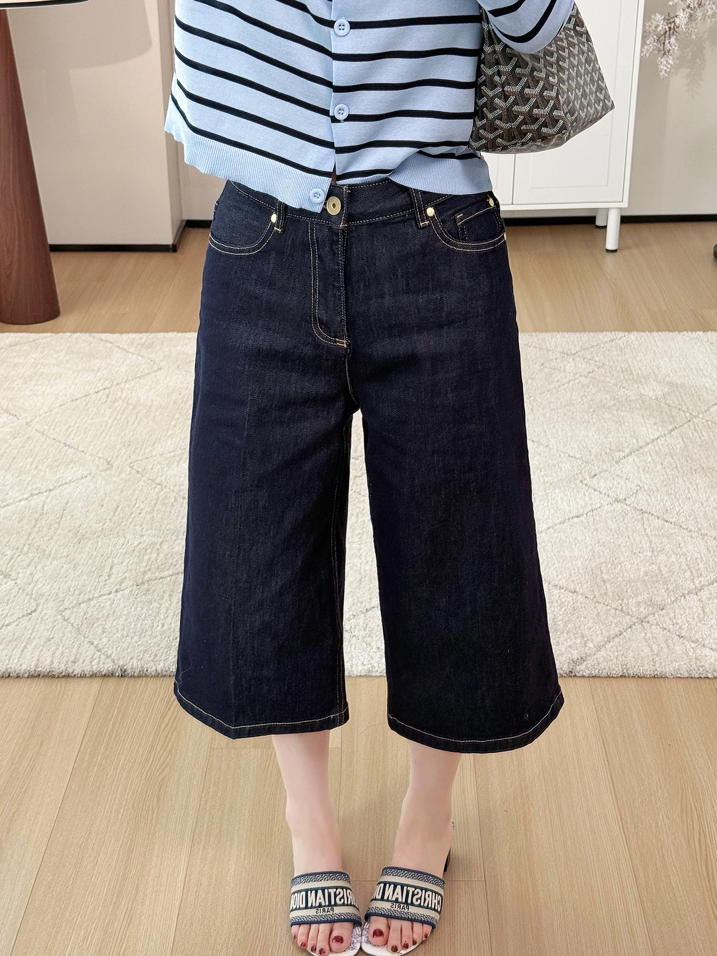 

High Waist Wide Leg Pure Cotton Seven-Foot Women's Jeans Casual Loose Straight Metal Buckle Installation Spring Season Cotton