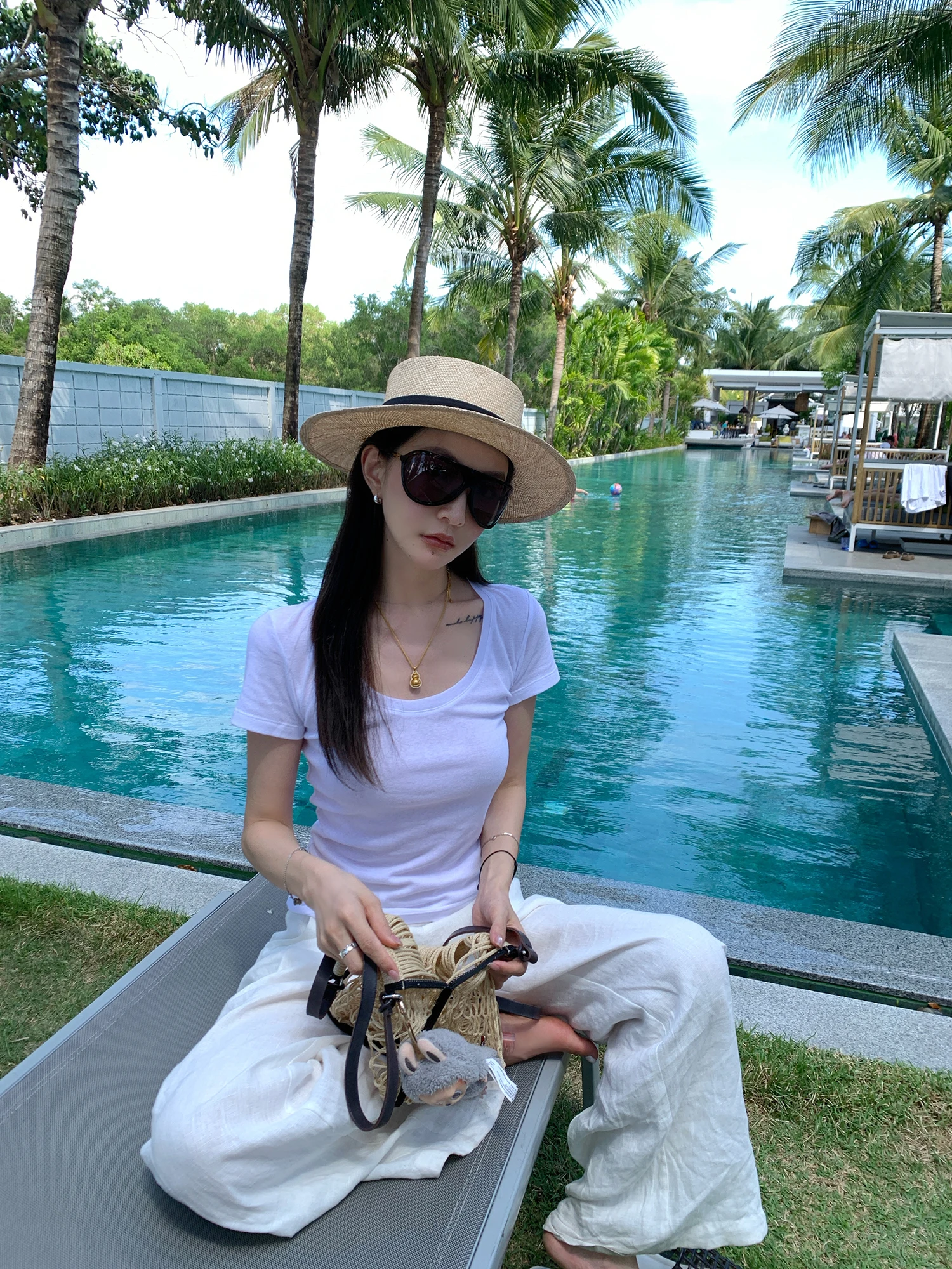 

Ladies' Cotton 00% ort Sve T-irt U-Ne Large Collar High Twist Yarn Long Termism T Super Slimming Effect Korean Sle