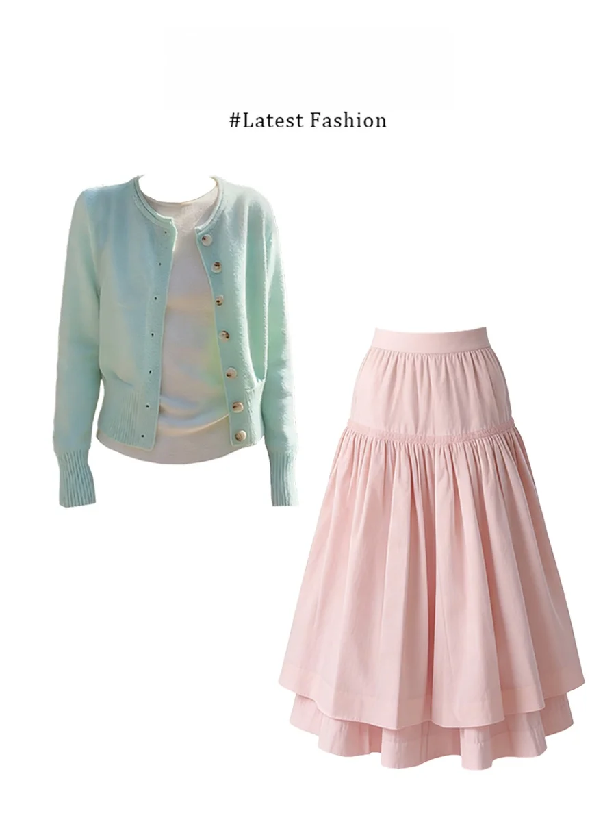 

Mint Green Open Cardigan Top And Skirt Set Korean Style Spring Fashion White Enhancing Long Sleeve round Neck Loose Fit Ensemble