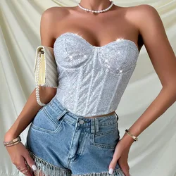 Women Sequin Tube Top Sexy Club Crop Top Backless Zipper Tank Top Y2K Camis Off Shoulder Streetwear Top Spring Summer