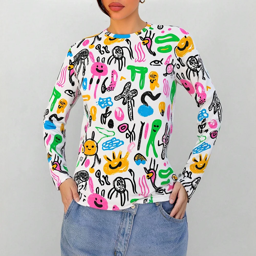 

Mia Muse Women's T-Shirts Autumn Winter Sweet Dating 2025 New Printed Long Sleeve Round Neck Casual T-Shirts