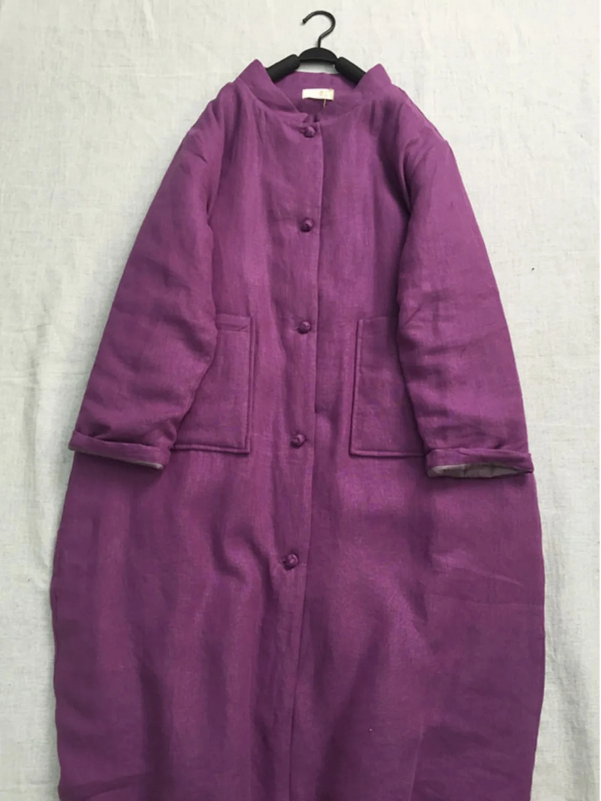 سترة طويلة من القطن والكتان من Thiened معطف طويل بأزرار صينية أرجوانية لموسم الشتاء والكمثرى مقاس كبير...