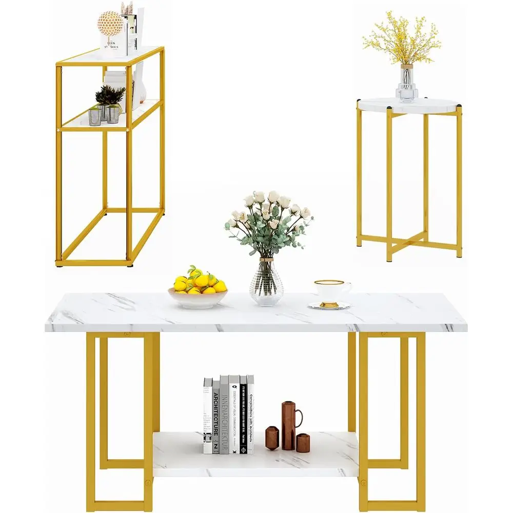

3-Piece Living Room Table Set: White Marble Coffee Table, 3-Tier End Table, and Gold Metal Side Tables for Home Decor