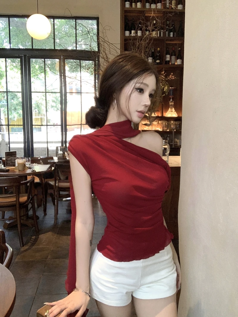 Ele round Ne Acetate Knit Top oulder Bared Draped Decoration رومانسي متعدد الاتجاهات ملابس صيفية رفيعة للغاية ort Sve