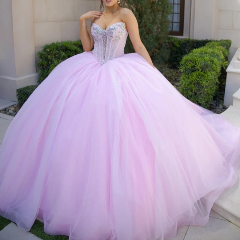 

Розовое блестящее бальное платье Quinceanera Платья с открытыми плечами и бисером из кристаллов и тюля для вечеринки, дня рождения, милое платье 16, Vestidos 15 De Anos