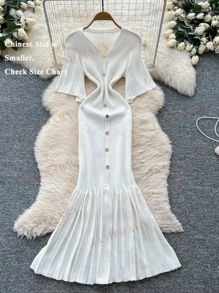 夏マーメイドニットロングドレス女性シングルブレストスリット半袖ニットセータードレス女性