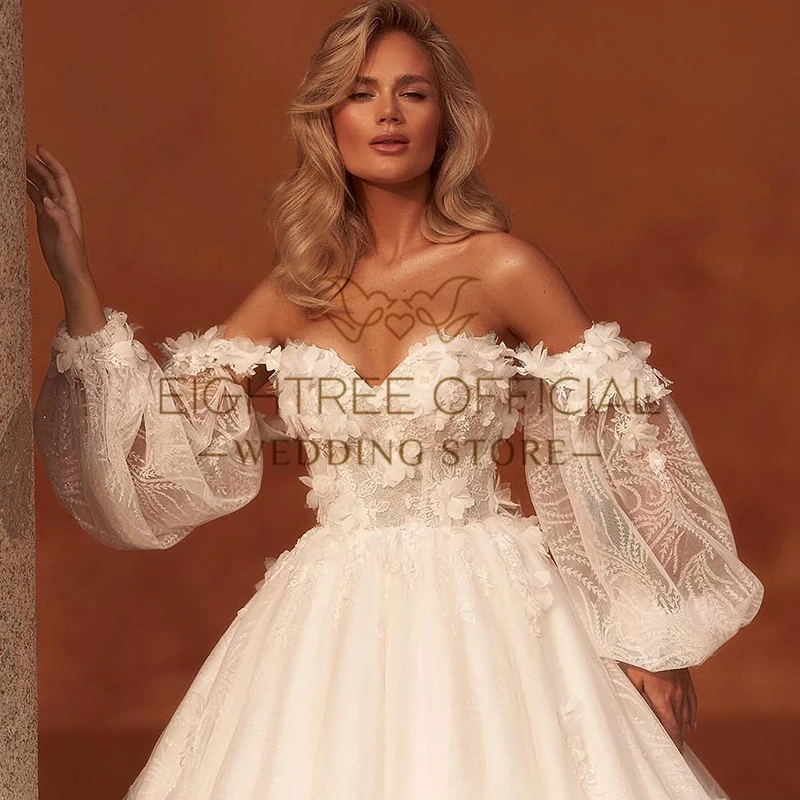 Eightree Formal A-Line Wedding Dresses Sweethear Puff Sleeves Appliques Tulle Bridal Dress Boho Wedding Prom Gowns Custom Size