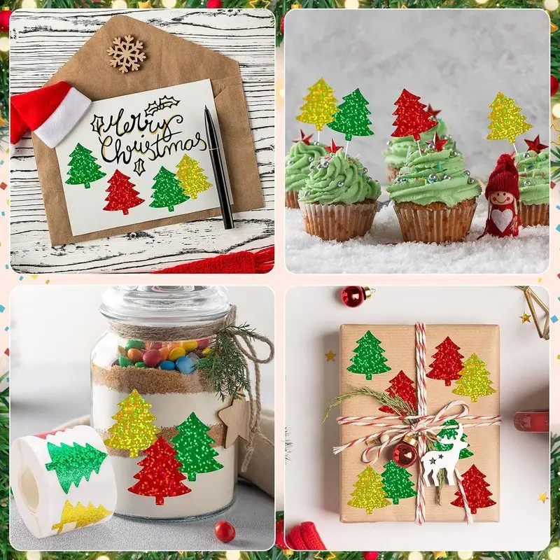 500pcs/roll Glitter Christmas Sticker Xmas Tree Gift Box Sparkly Label Self-Adhesive Decal for Gift Wrapping Party Favor Craft