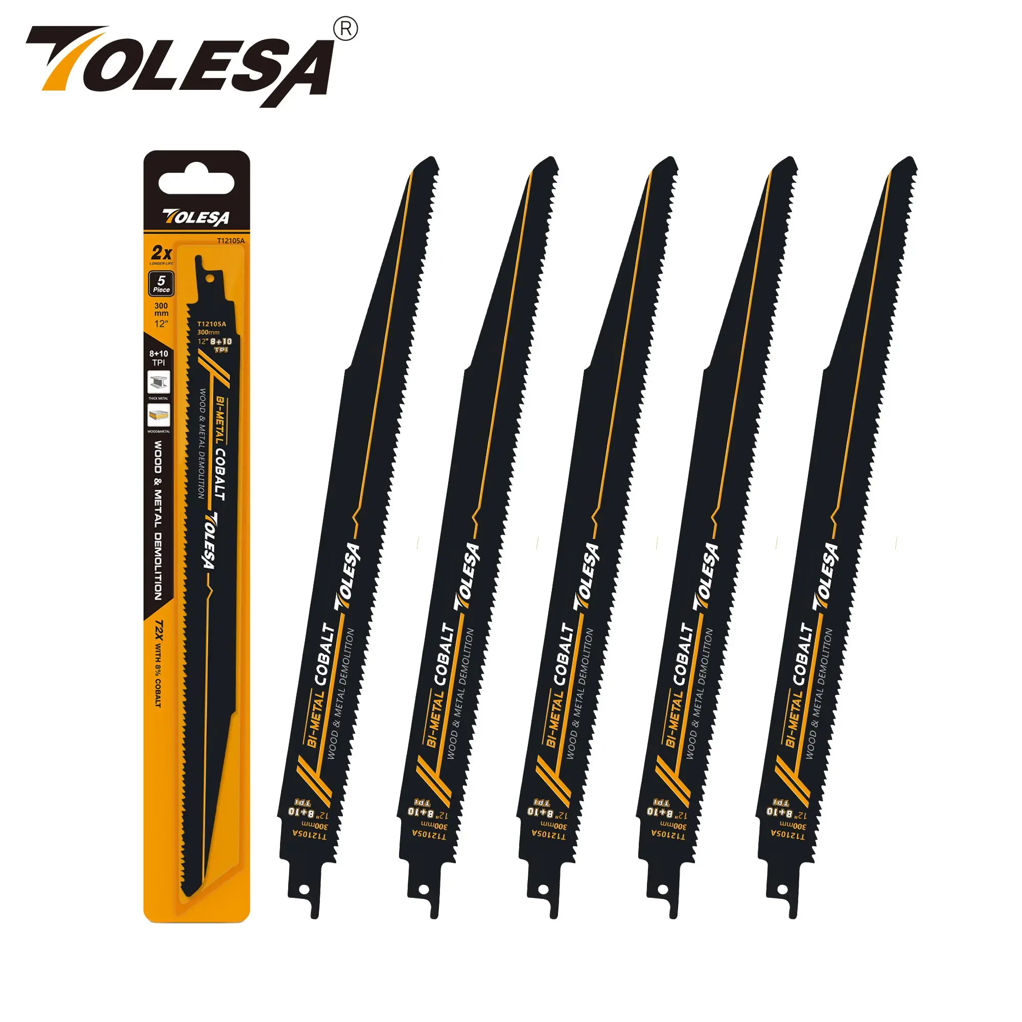 

TOLESA 6/9/12inch 8+10TPI Metal Wood Demolition Reciprocating Saw Blades for Steel Tube Cutting, Drywall, Chipboard Plastic 5Pcs