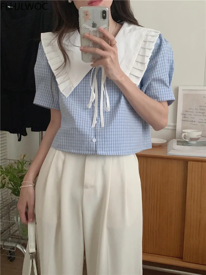 2022 Cute Korea Chic Short Top Blusas Womens Flhjlwoc Style Bow Tie Ruffles Peter Pan Collar Plaid Single Breasted Button Shirts