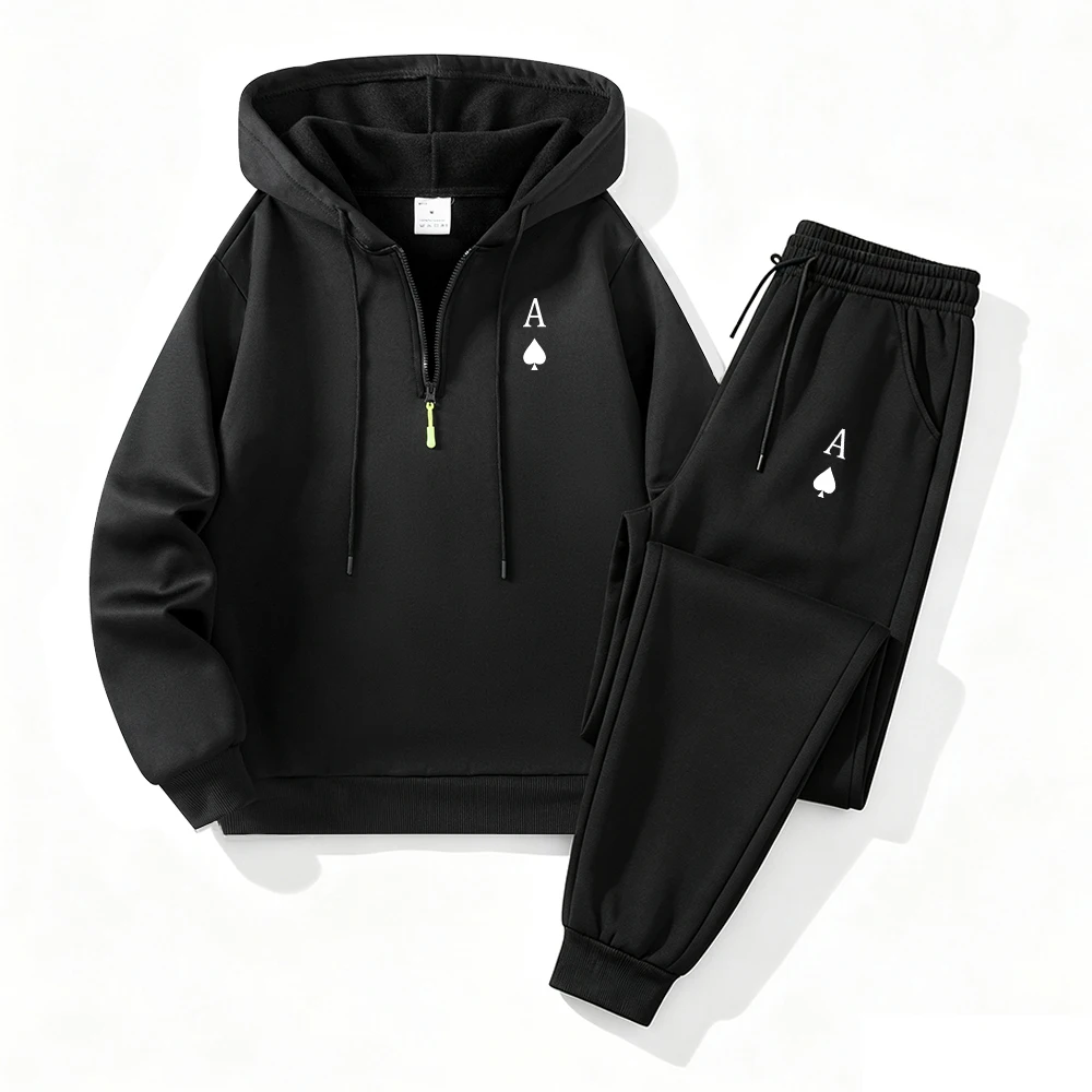 Men's Ace Of Spades Print Casual 2 Piece Set Half Zip Hoodies And Joggers Suitable For Streetwear Fitness And Daily Commute