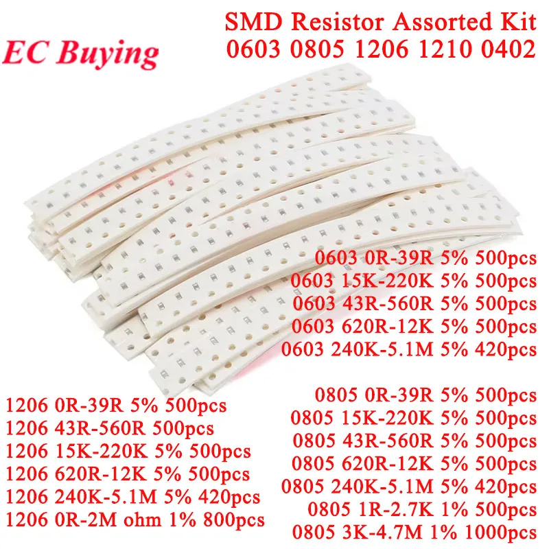 420pcs-1000pcs SMD 1206 0603 0805 1210 0402 Resistor Kit Assorted 5% 1% 0R-39R 43R-560R 620R-12K Resistance Electronic Component