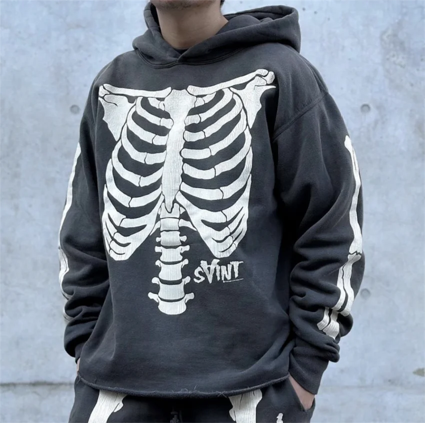 

High Quality Saint Skeleton Cracked Printed Hoodie High Street Washed Vintage Casual Loose Fleece Japanese Rock Streetwear