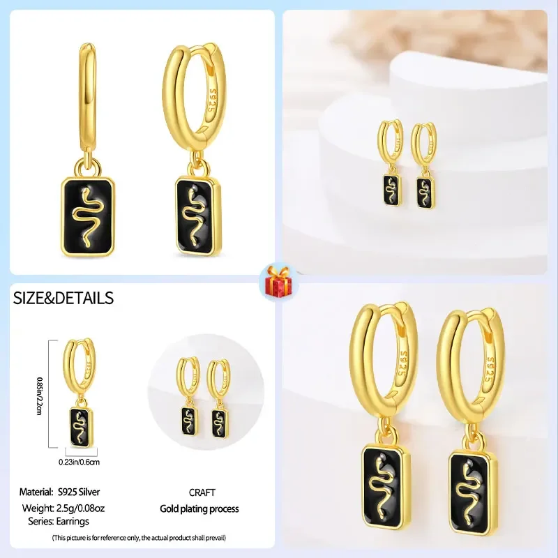 Animals Pets 925 Sterling Silver Gold Spirit Snake Rectangle Black Hoop Earrings Women's  Jewelry For Everyday Wear Couple Style