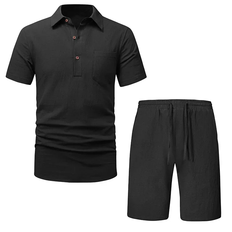 Men's casual short sleeved shorts set with lapel single pocket, solid color, versatile and personalized beach set