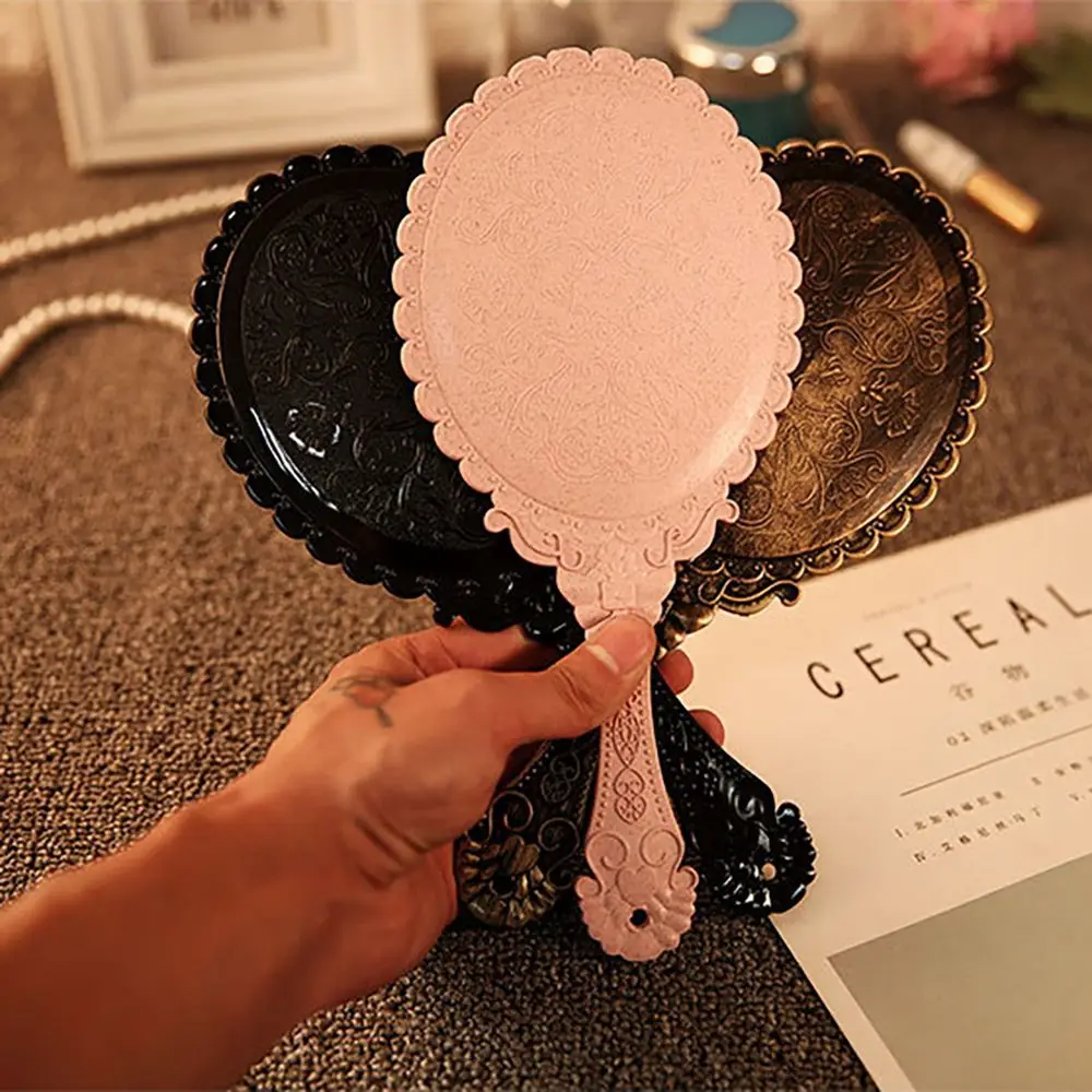 Ladies Retro Creative Makeup Mirrors Handhold Mirrors Pattern Handle Lace Mirrors