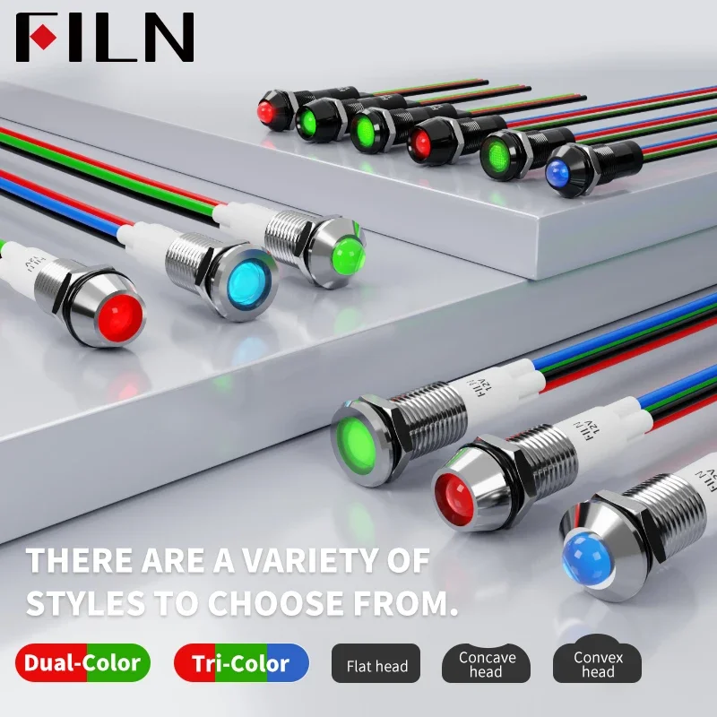 FILN 8mm Metal Indicator Light 12V/24V Red Green LED Bi-Color Red Green BlueStorage Signal Light Pilot Light CE UL Certification