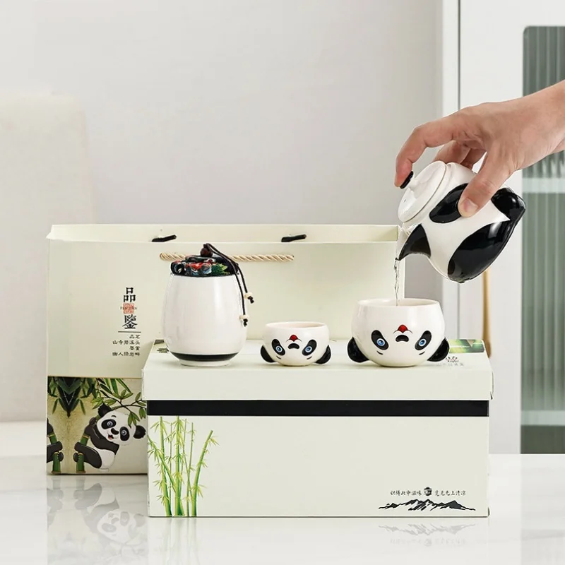 Cartoon Panda Ceramic Teaware Sets Portable Outdoor Travel Kung Fu Tea-making Tools Porcelain Pot and Cup Holiday Souvenir Gifts