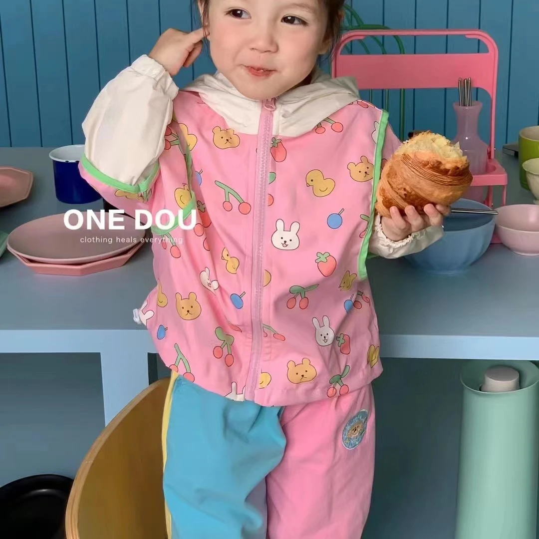 

Children's Clothing Autumn Set Girls' Cartoon Print Zipper Hooded Coat+Color Block Pants Two Piece Set Girls' Pink Set 2023