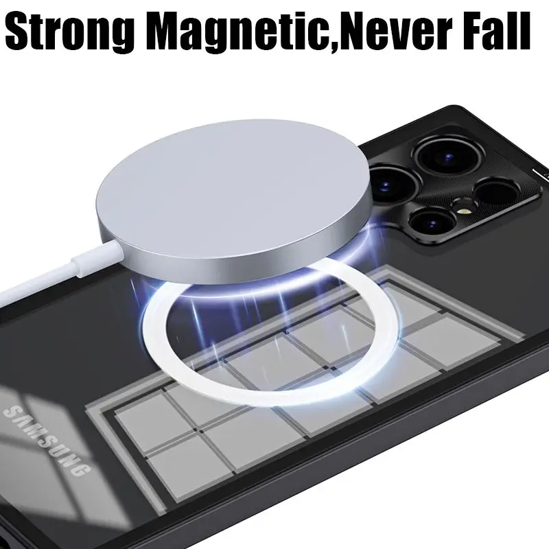 HD Clear PC Back Aluminum Alloy Metal Case For Samsung Galaxy S23 S22 S24 Ultra Metal Magnetic Wireless Charging