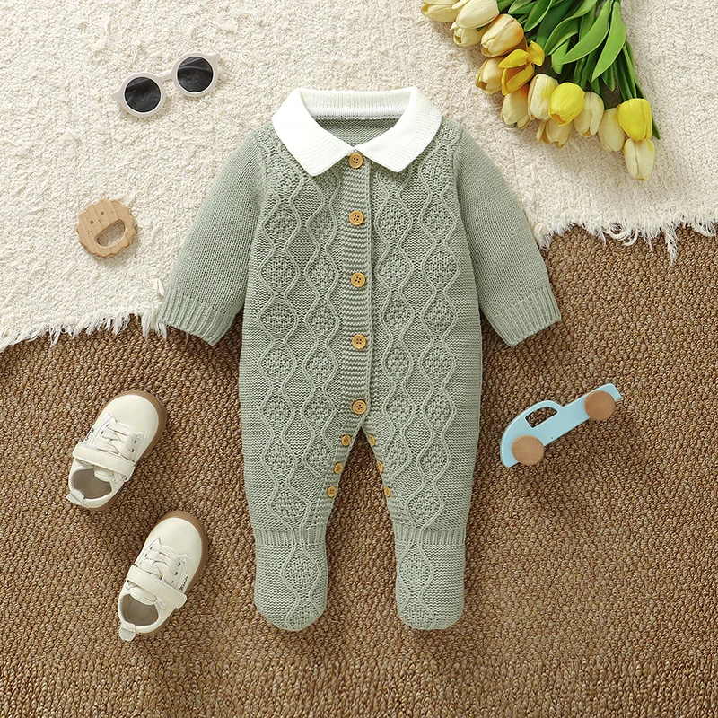 

Осенний детский комбинезон, вязаный комбинезон для новорожденных мальчиков и девочек, с длинными рукавами, завернутая ногами, детская одежда для младенцев, модный отложной воротник, От 0 до 9 месяцев