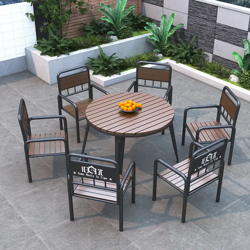Rustproof Outdoor Garden Table and Chair Set Waterproof Plastic Wood Patio Furniture for Cafe Milk Tea Shop Leisure Use