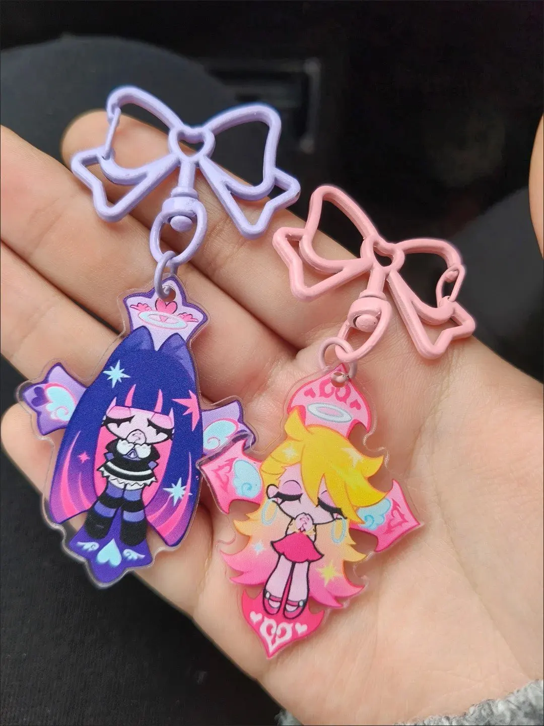 Anime Panty & Stocking with Garterbelt Bowknot KeyChain Kawaii Figure Acrylic Keyrings Backpack Pendant For Fans Christmas Gifts