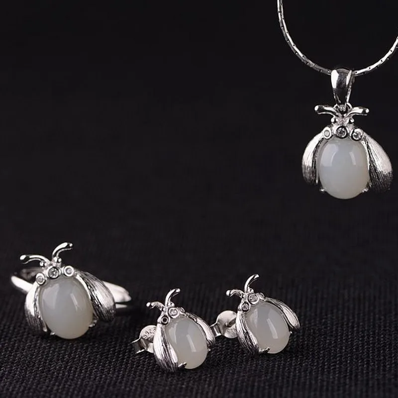 BOCAI New S925 Silver Minimalist Refreshing Jade Beetle Earrings Ring Pendant Women's Gift