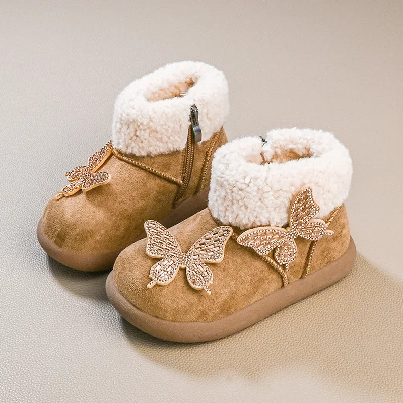

Girls Furry Plush Boots Fashion Rhinestone Butterfly Children Winter Ankle Boots Platform Soft Princess Kids Warm Cotton Boots