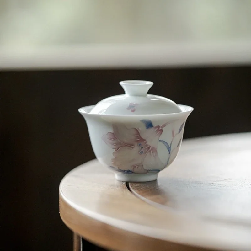 Japanese Style Hand-painted Lily Gaiwan Handmade White Porcelain Tea Bowl Tea Cup Kung Fu Tea Set
