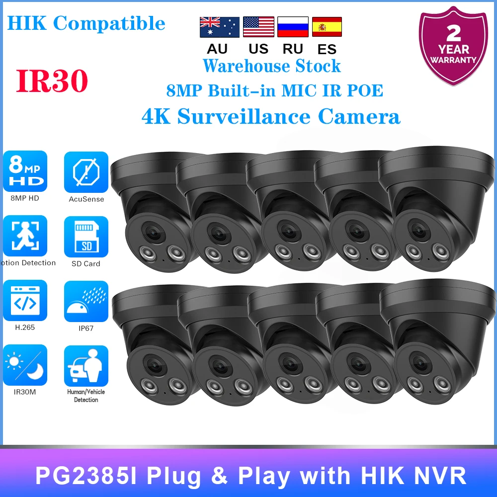 10PCS Hikvision Compatible 8MP Dome IP Camera Human Vehicle Detection IR Built-in Mic CCTV Security Surveillance Network Camera