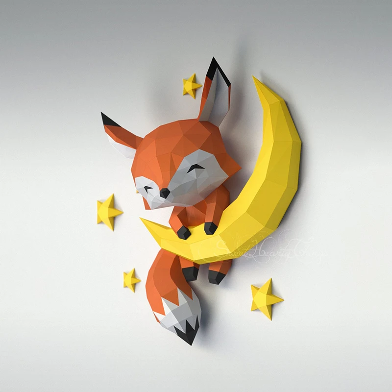 3D Paper Model Handmade Moon Fox Home Decor Wall Decoration Papercraft DIY Puzzles Educational Toys For Kids Gifts