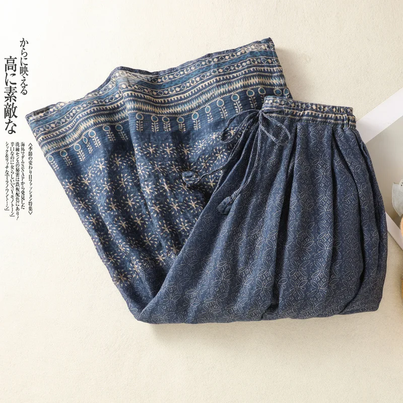 Ethnic Style Lined Gentle Cotton and Linen Skirt Retro Old Blue Splicing Printed Long Skirt